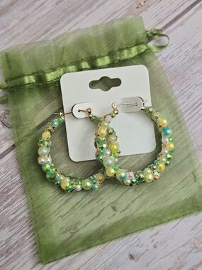 Gold Hoop Earrings with Green Iridescent Beads